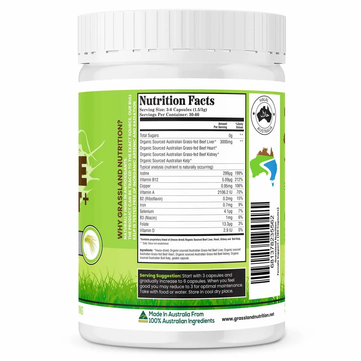 Female Support+ - Nutritional FactsSupplement Capsules - Beef Organs & Kelp