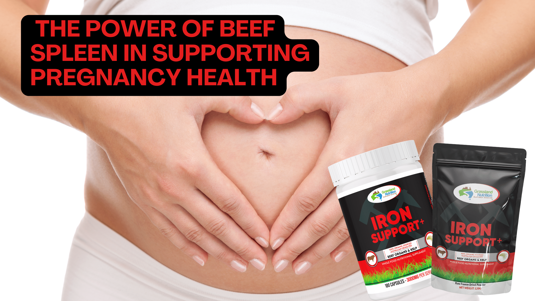 A pregnant woman's belly and products to support health in pregnancy rich in heme iron